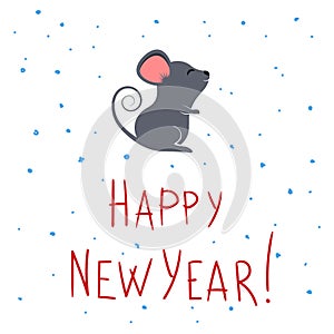 Cute gray cartoon mouse or rat and happy new year lettering. For greeting card for chinese new year 2020. Vector hand