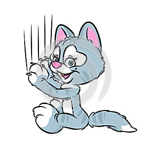 Cute gray cat scratching claws cartoon illustration