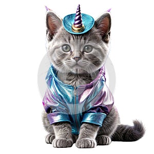 Cute gray dismounted kitten dressed in a unicorn costume