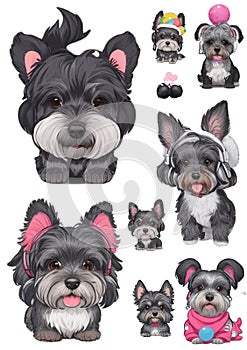 Cute gray dogs in headphones set of stickers, cartoon style, cozy mood