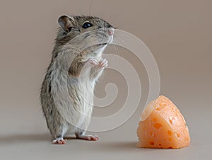 cute gray hamster stands in front of a piece of cheese