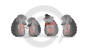 Cute Gray Hedgehog Character with Bow Tie Vector Set