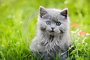 Cute gray kitten on green grass in summer garden, close up