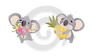 Cute Gray Koala Bear Carrying Bunch of Flowers and Pineapple Vector Set