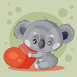 Cute gray koala character holds in his paws a big red heart wants to give it, green background, photo
