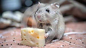 cute gray mouse holds cheese in his paws