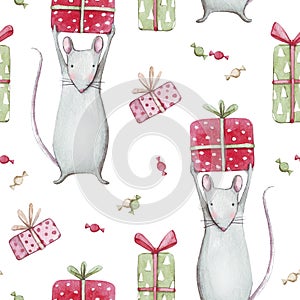 Cute gray mouse or rat 2020. Merry Christmas seamless pattern with watercolor illustration of a baby mice animals with sweet candi
