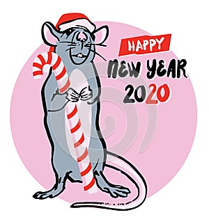 Cute gray rat with Christmas cane, candy Lollipop, symbol of chinese happy new year 2020. Chinese Zodiac sign. Vector