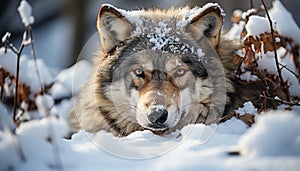 Cute gray wolf sitting in snow, looking at camera generated by AI