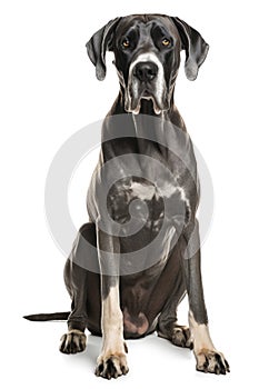 Cute Great Dane dog looking to camera on white background. Generative AI