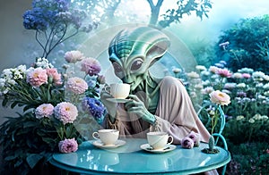 cute green-azure alien lady drinking tea in garden around blossom flowers. close up. Digital artwork. Ai generated