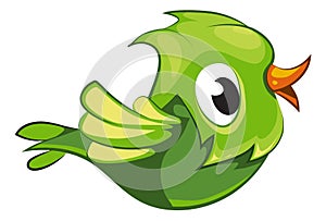 Cute green bird flying. Cheerful cartoon character