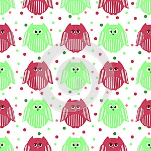 Cute green and carmine owls with dots in the background