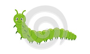 Cute green caterpillar character isolated on white background. Funny insect for kids. Vector cartoon illustration