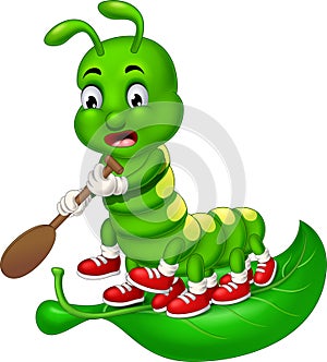 Cute Green Caterpillar Paddling On Green Leaf Cartoon