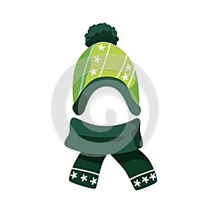 Cute green childish bobble hat and scarf vector flat illustration. Woolen warm seasonal headdress with pompom for kids