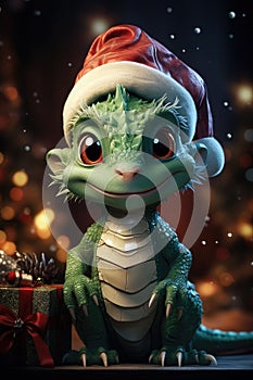 Cute green christmas dragon in santa hat in cartoon style with gift boxs .The dragon is the symbol of 2024. New Year holiday card