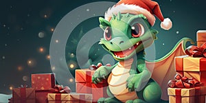 Cute green christmas dragon in santa hat in cartoon style with gift boxs .The dragon is the symbol of 2024. New Year holiday card