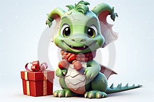 Cute green christmas dragon in santa hat in cartoon style with gift boxs on white background.The dragon is the symbol of 2024. New