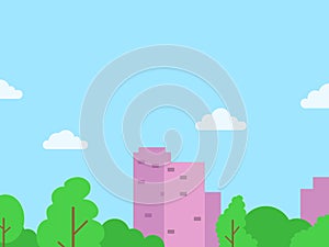 Cute green city background landscape. tree and building on sky background