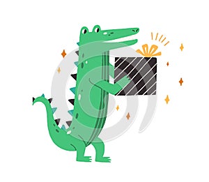 Cute green crocodile holding birthday gift. Baby animal in scandi style. Little smiling gator with present in paws