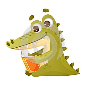 Cute Green Crocodile Reading Book in Hard Cover Enjoying Interesting Story Vector Illustration