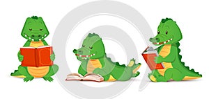 Cute green crocodile reads an interesting book, set of isolated animal alligator figurines. Vector illustration in