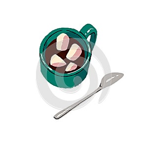 Cute green cup of hot chocolate with marshmallow. Mug of cacao and spoon. Aroma coffee, cozy seasonal warm drink with