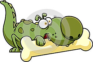 Cute Green Dino Dog Cartoon Character Gnawing On Bone
