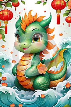 A cute green dragon in cartoon style, with Japanese waves art, red lampion, mei hwa flower petals, anime art, magical animal