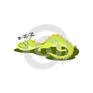 Cute green dragon sleeping on grass. Fantastic animal with small horns and long tail. Flat vector design