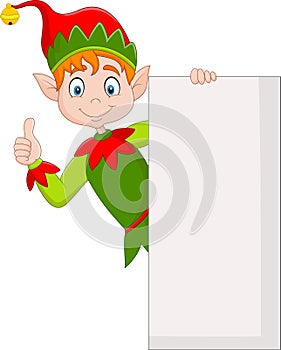 Cute green elf holding blank sign and giving thumbs up