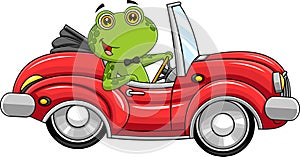 Cute Green Frog Cartoon Character Drives A Red Sports Car