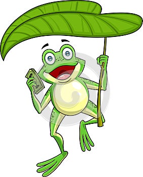 Cute Green Frog Cartoon Character Holds A Leaf Umbrella And A Wad Of Dollars