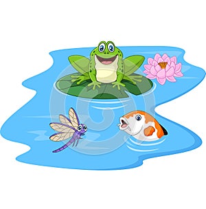Cute green frog cartoon on a lily pad