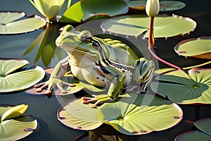 Cute green frog on lily pad in tranquil pond