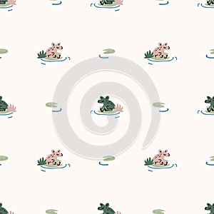 Cute green frog on lily pad vector pattern. Wildlife amphibian home decor with cartoon lake toad. Seamless croaking