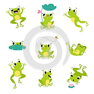 Cute Green Frog Smiling, Jumping, and Croaking Vector Set