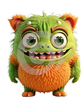 Cute green furry monster on a transparent background