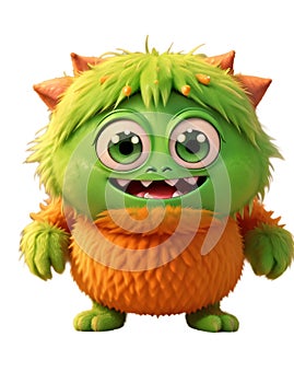 Cute green furry monster on a transparent background