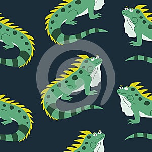 Cute green iguanas with funny eyes hand drawn vector illustration. Animal seamless pattern.