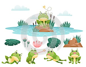 Cute Green Leaping Frog Character in Pond with Water Lily and Reed Vector Set