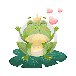 Cute Green Leaping Frog Character Sitting on Lily Pad in Crown and Kissing Vector Illustration