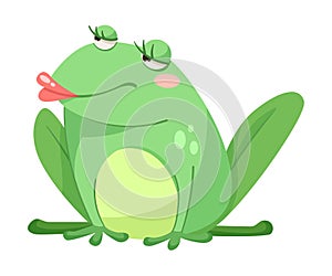Cute Green Leaping Frog Character Sitting with Red Lips Vector Illustration