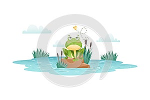 Cute Green Leaping Frog Character Sitting on Stone in Pond and Watching Fly Vector Illustration