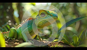 A cute green lizard with multi colored scales in the forest generated