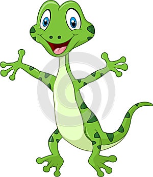 Cute green lizard posing isolated on white background