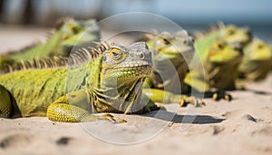 A cute green lizard resting on a branch in the forest generated by AI