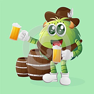 Cute green monster celebrate oktoberfest with holding beer