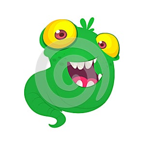 Cute green monster flying with big yellow eyes. Vector illustration.